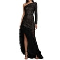 thumbnail image 1 of Vestido BELLA BARNETT de malla negra en un hombro con flecos de lentejuelas, 1 of 3