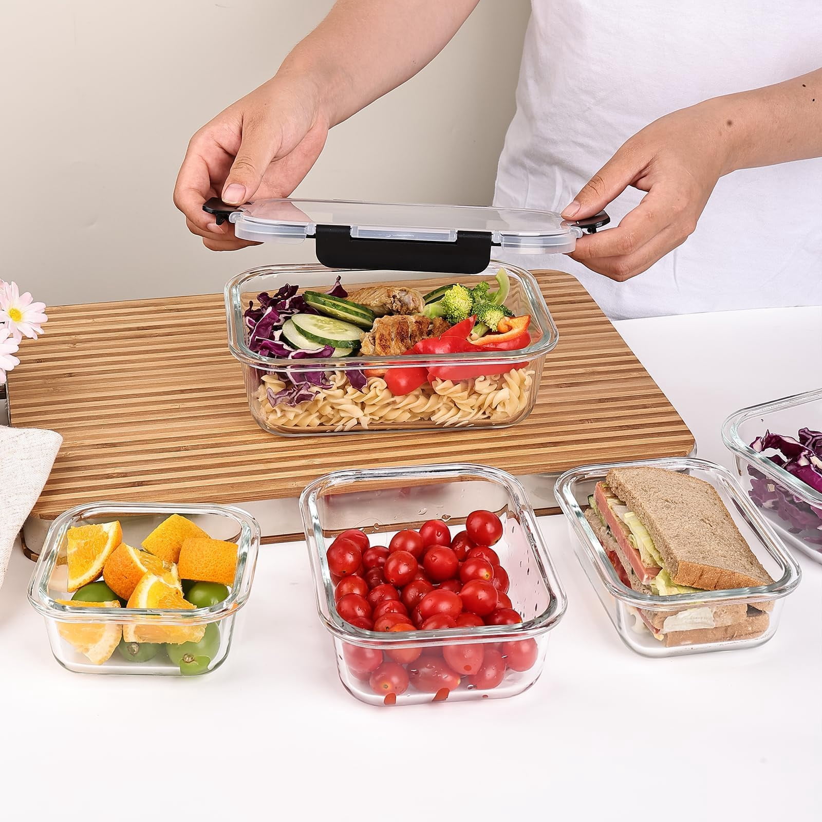 Glass Food Storage Containers with Lids – Airtight Meal Prep Containers, Leak-Proof Locking Bento Boxes for Microwave, Oven, Freezer, Dishwasher, BPA Free