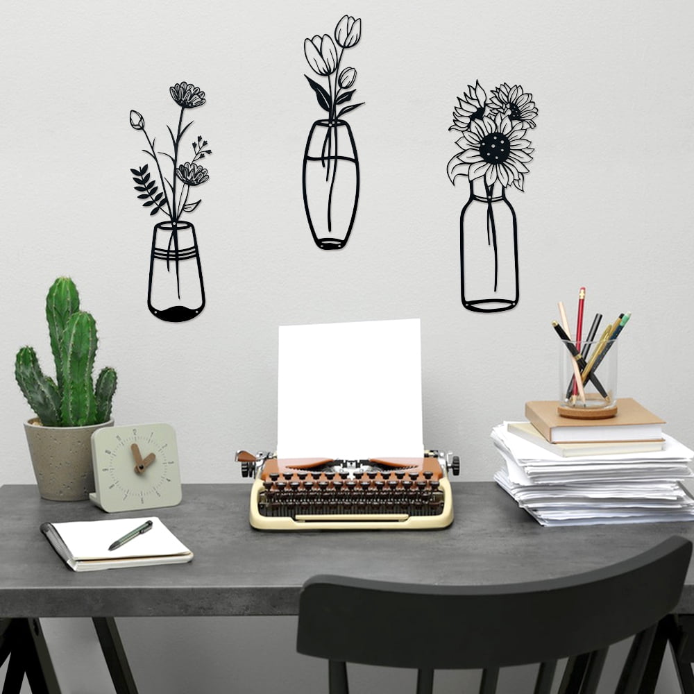 RETON 6 Pieces Black Metal Flowers Wall Decor Meta Vase Wall Art Wall Sculptures Hanging Minimalist  Natural Themed for Kitchen Bathroom Bedroom Living Room Indoor