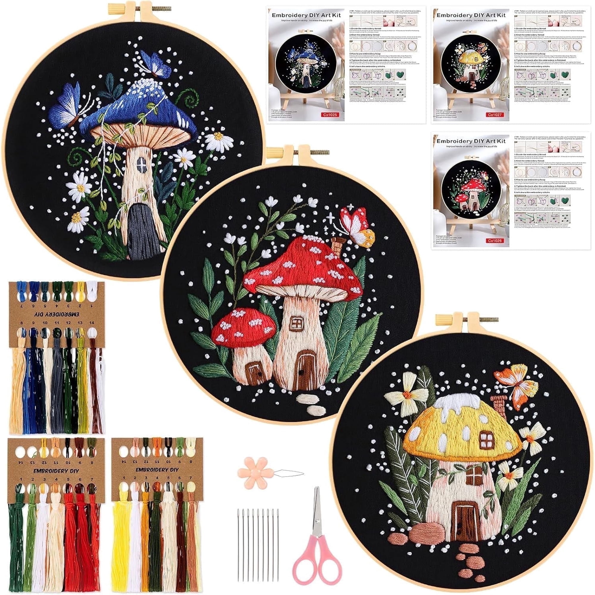 3 Pack Embroidery Kit for Beginners Sewing Cross Stitch Starter Set with Mushroom Pattern Stamped Cloth Hoops Threads Needles and Scissors DIY Handmade Sewing Crafts
