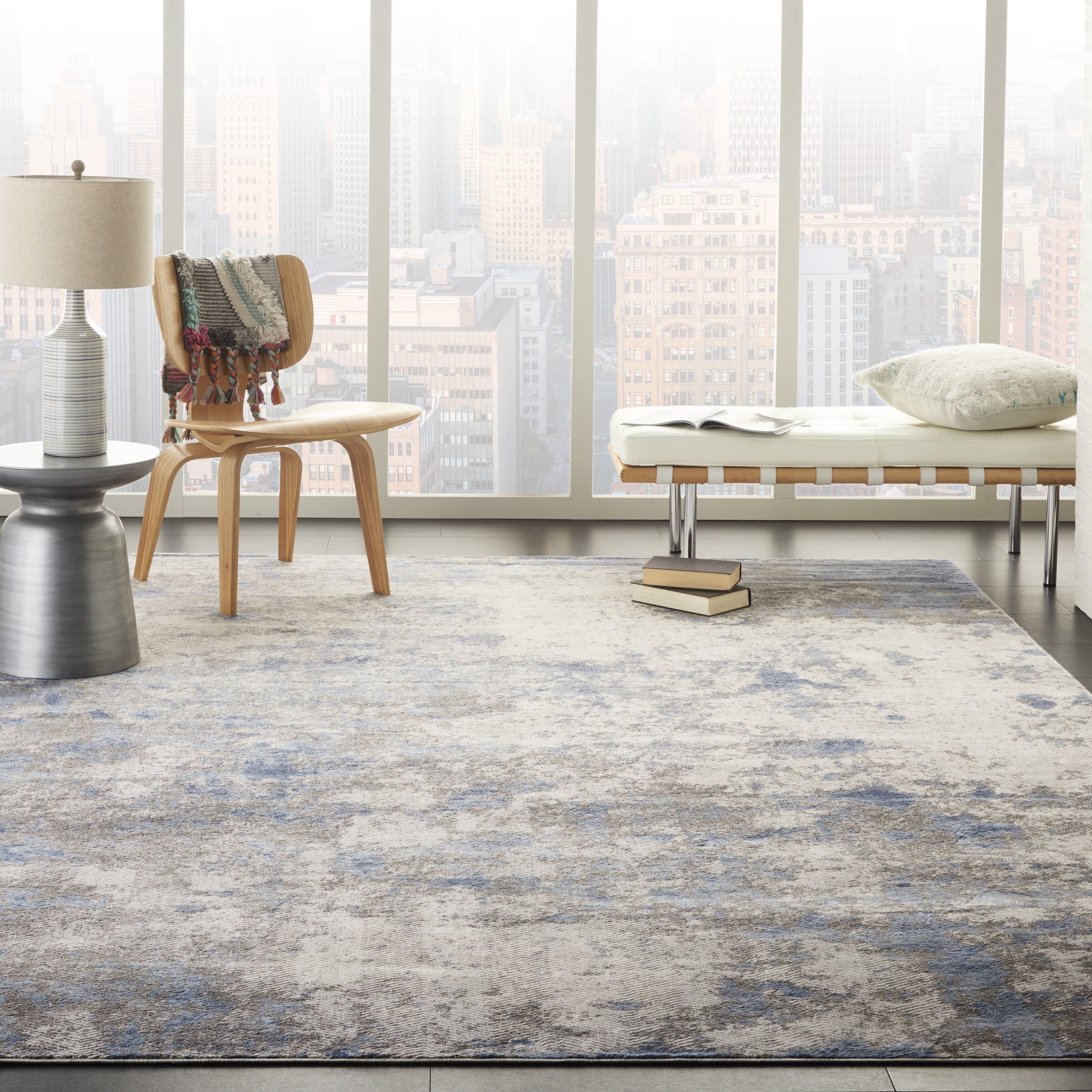 Nourison Sleek Textures Abstract Blue/Ivory/Grey Area Rug