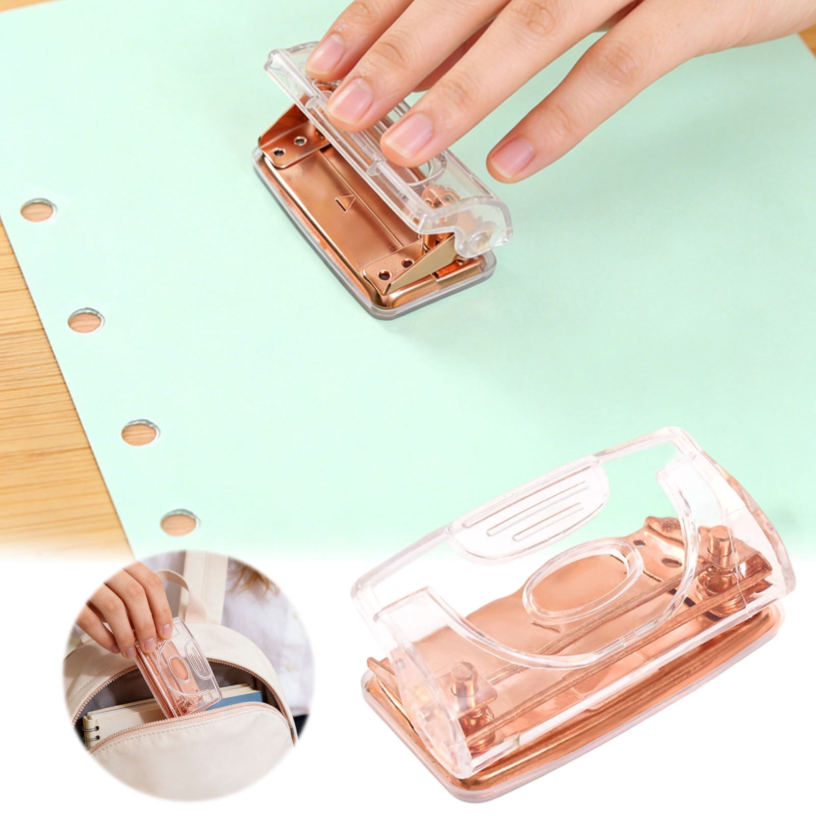 1-5PC Rose Gold Two Hole Puncher Clear 2 Holes Paper Punch Compact Portable 3.94x2.13x1.77 Inch Ergonomic Office Desktop Accessory for Home DIY Crafts Planner
