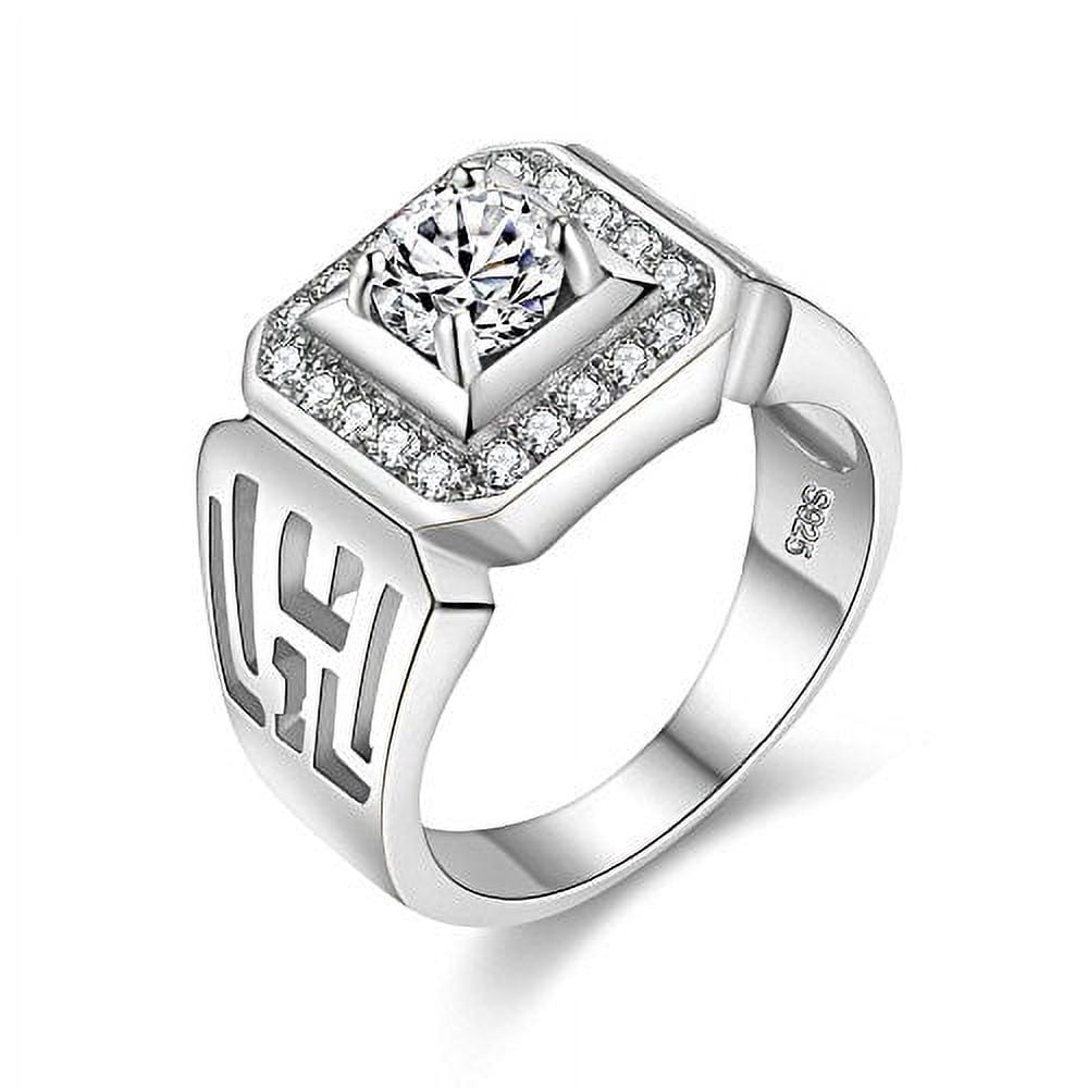 Uloveido Wide Square Platinum Plated Rings with Shiny Cubic Zirconia Luxurious Mens Wedding Rings JX001 (Silver, Size 9)