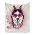 thumbnail image 1 of Cartoon Soft Flannel Fleece Blanket, Hipster Husky Dog with Hearts Sunglasses and Scarf Fashion Animal Art Print, Cozy Plush for Indoor and Outdoor Use, 50" x 60", Pink Cream Black, by Ambesonne, 1 of 6