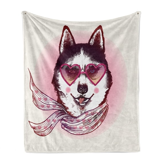 Cartoon Soft Flannel Fleece Blanket, Hipster Husky Dog with Hearts Sunglasses and Scarf Fashion Animal Art Print, Cozy Plush for Indoor and Outdoor Use, 50" x 60", Pink Cream Black, by Ambesonne