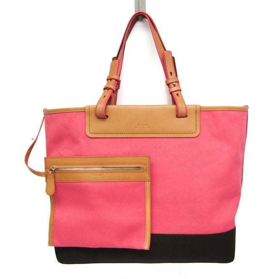Pre-Owned Bally BATINKA Women's Leather,Canvas Tote Bag Beige,Coral Pink,Dark Brown (Good)