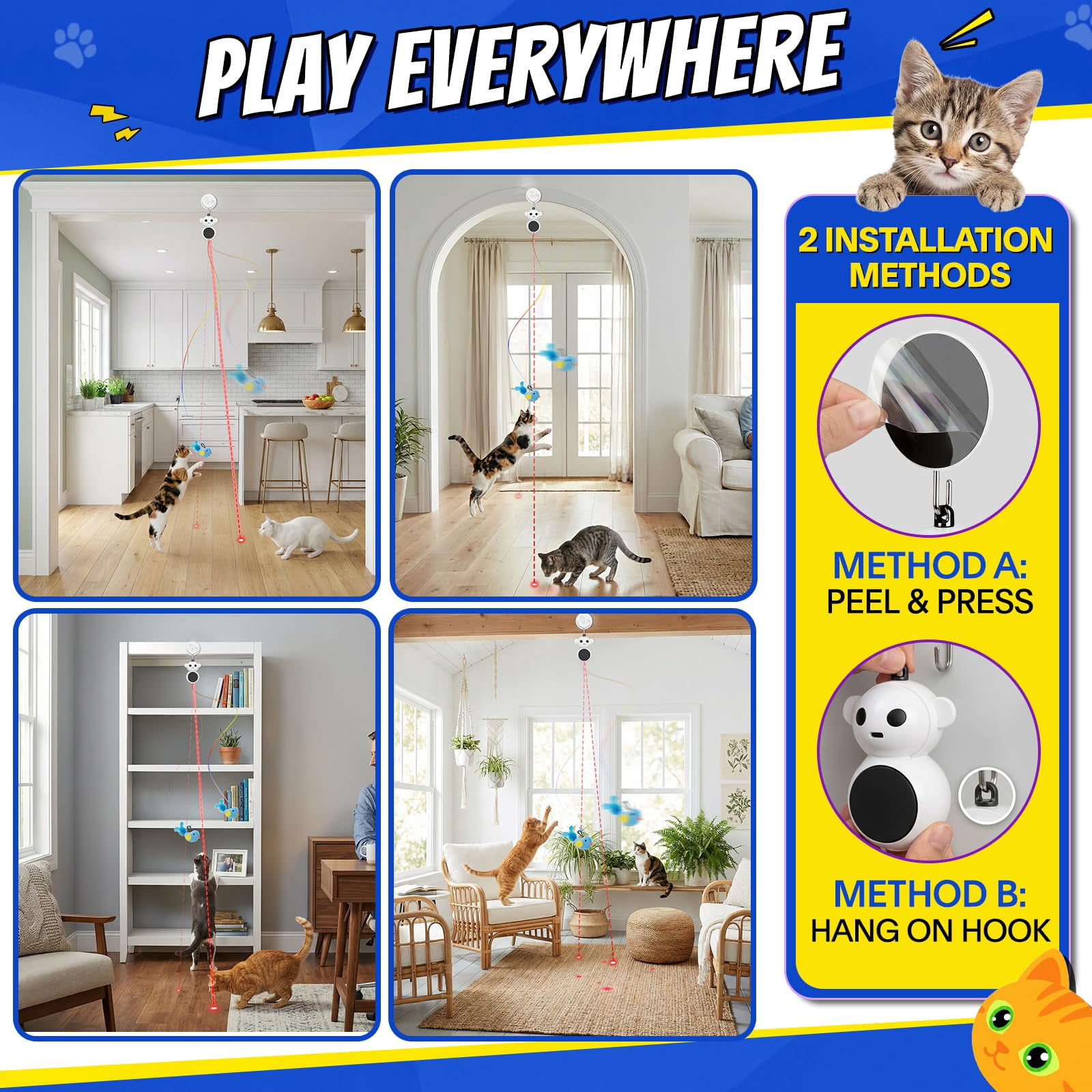 Interactive Cat Toys For Indoor Cats - 2 In 1 Automatic Pointer With Flying Bird Smart Moving Mouse Wand  Auto On/off Hanging Bored Kitten & Adult Cats(blue)