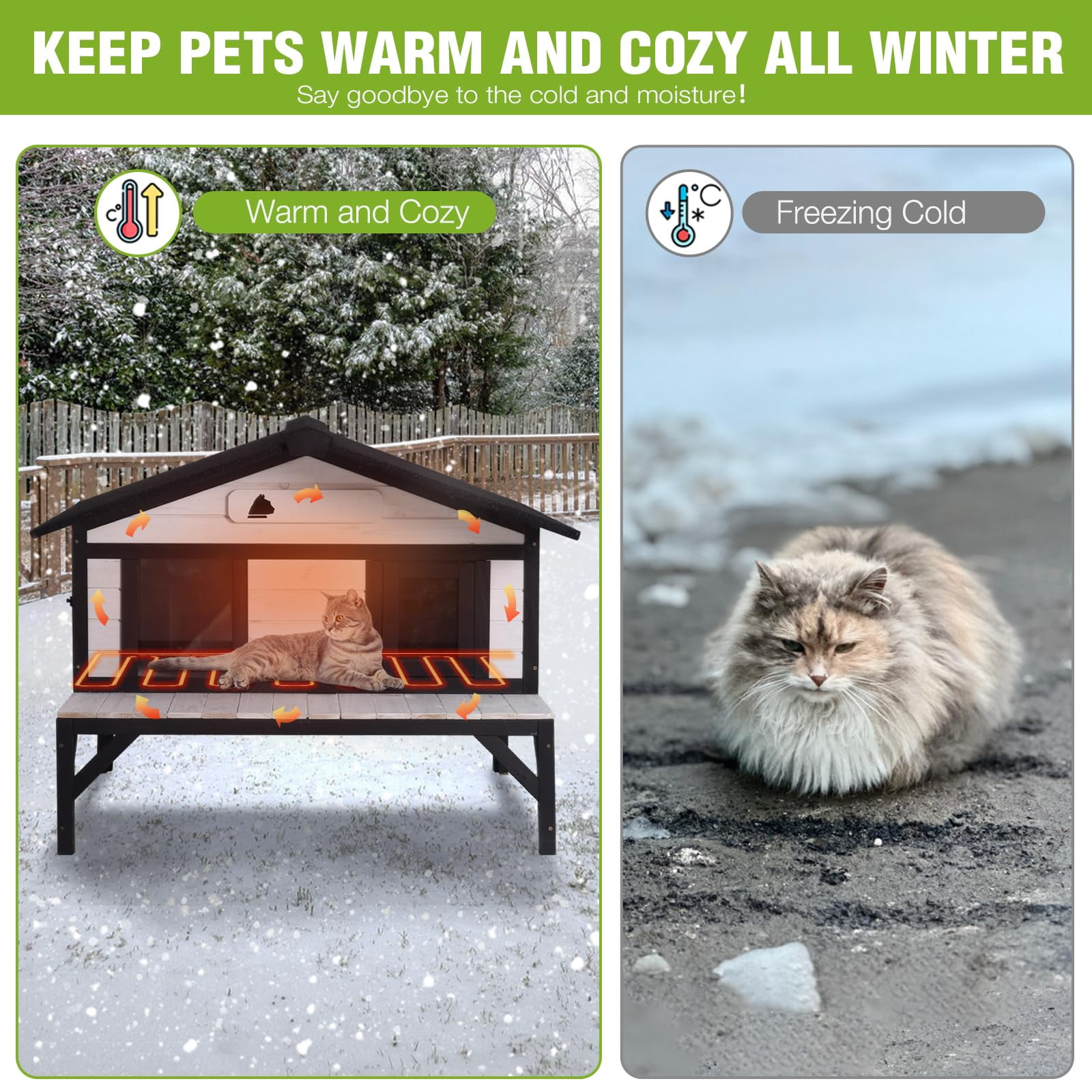 Aivituvin Heated Cat House for Outside, Large Outdoor Cat House Insulated Weatherproof Feral Cat Shelter with Heating Pad, Insulated Thermal Liner, Chewproof Cable for 1-4 Cats, Black & White