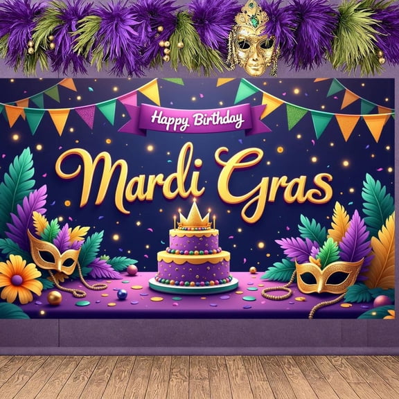 Colorful Triangle Flags Mardi Gras Banner Gold Mardi Gras Masks Backdrop Purple Cake Design Tropical Feathers Carnival Display for Mardi Gras Party Birthday Celebration Indoor Decoration