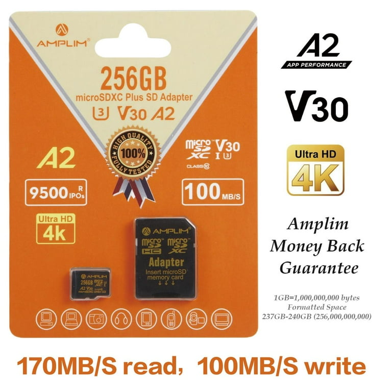 Amplim 256GB High Speed A2 MicroSD Card + Adapter, U3 Class 10 