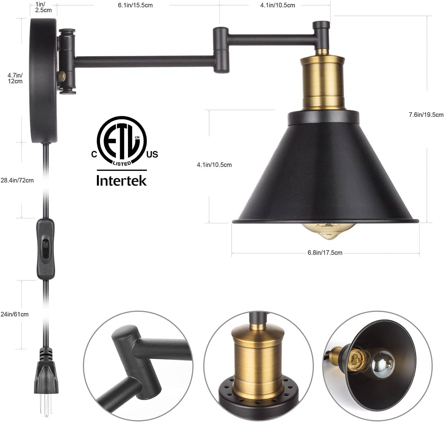 ArcoMead Swing Arm Traditional Energy Efficient 2-Light Black Matte Kitchen Plug-in Wall Sconces (2 Count)