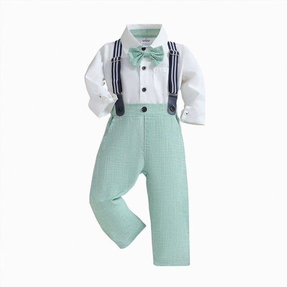 mgoYE Toddler Kids Baby Boys Formal Suit White Shirt with Bowtie Suspender Shorts Pants Overalls Clothes(White,3-4 Years)