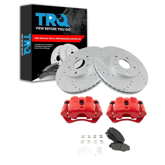 TRQ Front Performance Brake Pad & Rotor Kit Brake Caliper Brake Pads Brake Rotors Set Semi-Metallic Premium G-Coated Fits Select 2003-2008 Honda Pilot