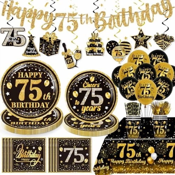 187pcs 75th Birthday Decorations for Men Disposable Dinnerware with Plates, Napkins, 2pcs Waterproof Tablecloth Banner Balloon Black and Gold 75th Birthday Decorations Serve 25 Guests