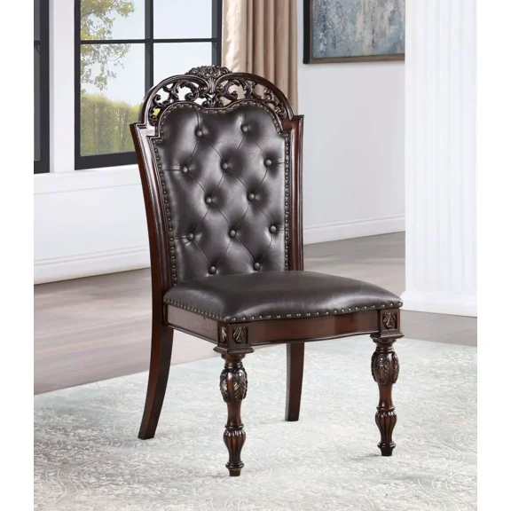 Espresso Leatherette Tufted Back 4pc Dining Chairs Brown Cherry Faux Wood Carved Kitchen Dining