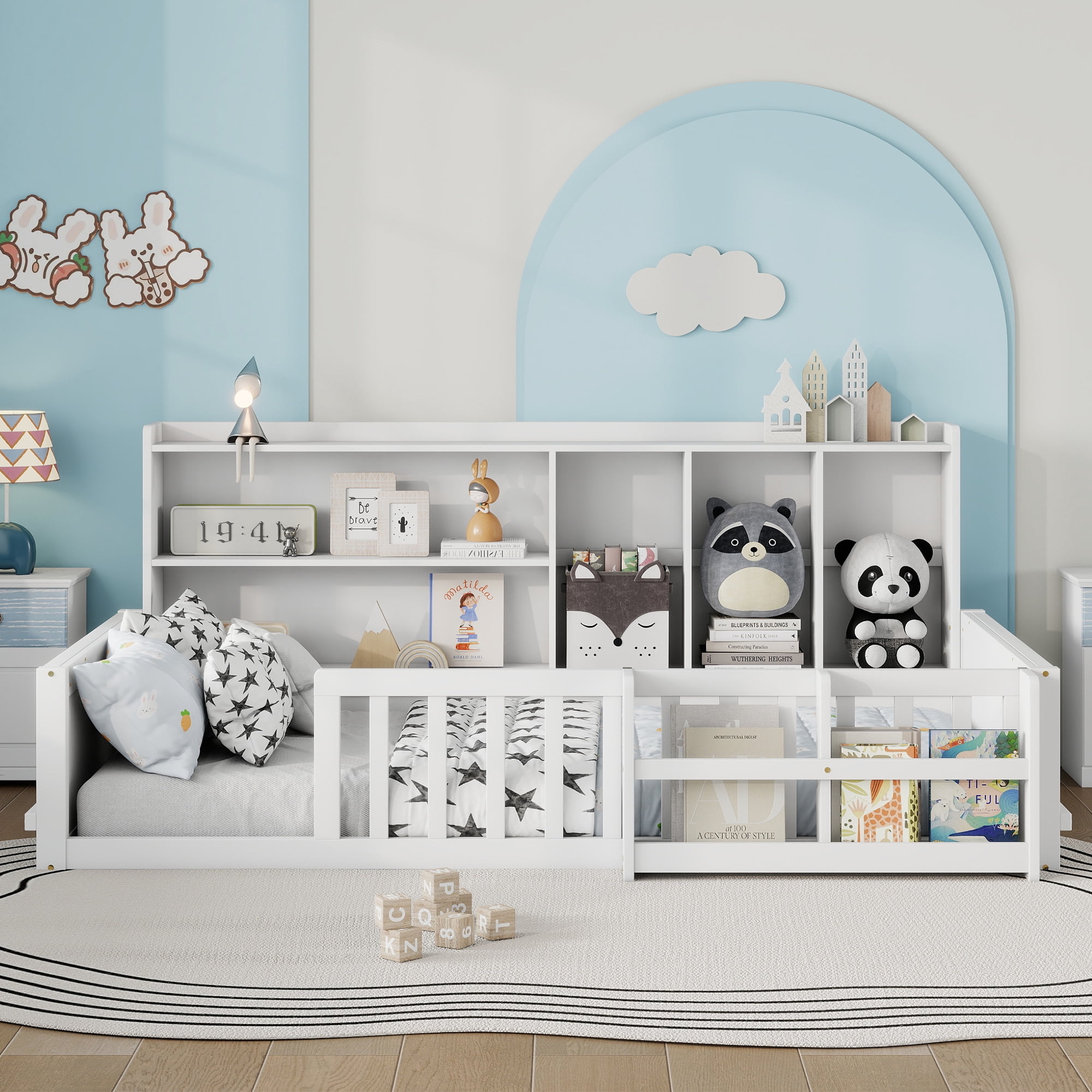 Leumius Twin Size Floor Montessor Bed with Storage Shelves,Wood Low Bed with Semi-enclosed Guardrail and Headboard, Footboard, Space Saving, No Box Spring Required,White