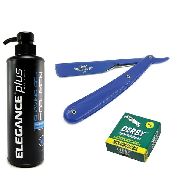 CUT THROAT BARBER SHAVING RAZOR ELEGANCE EARTH SHAVING GEL 100 BLADES ALL BLUE