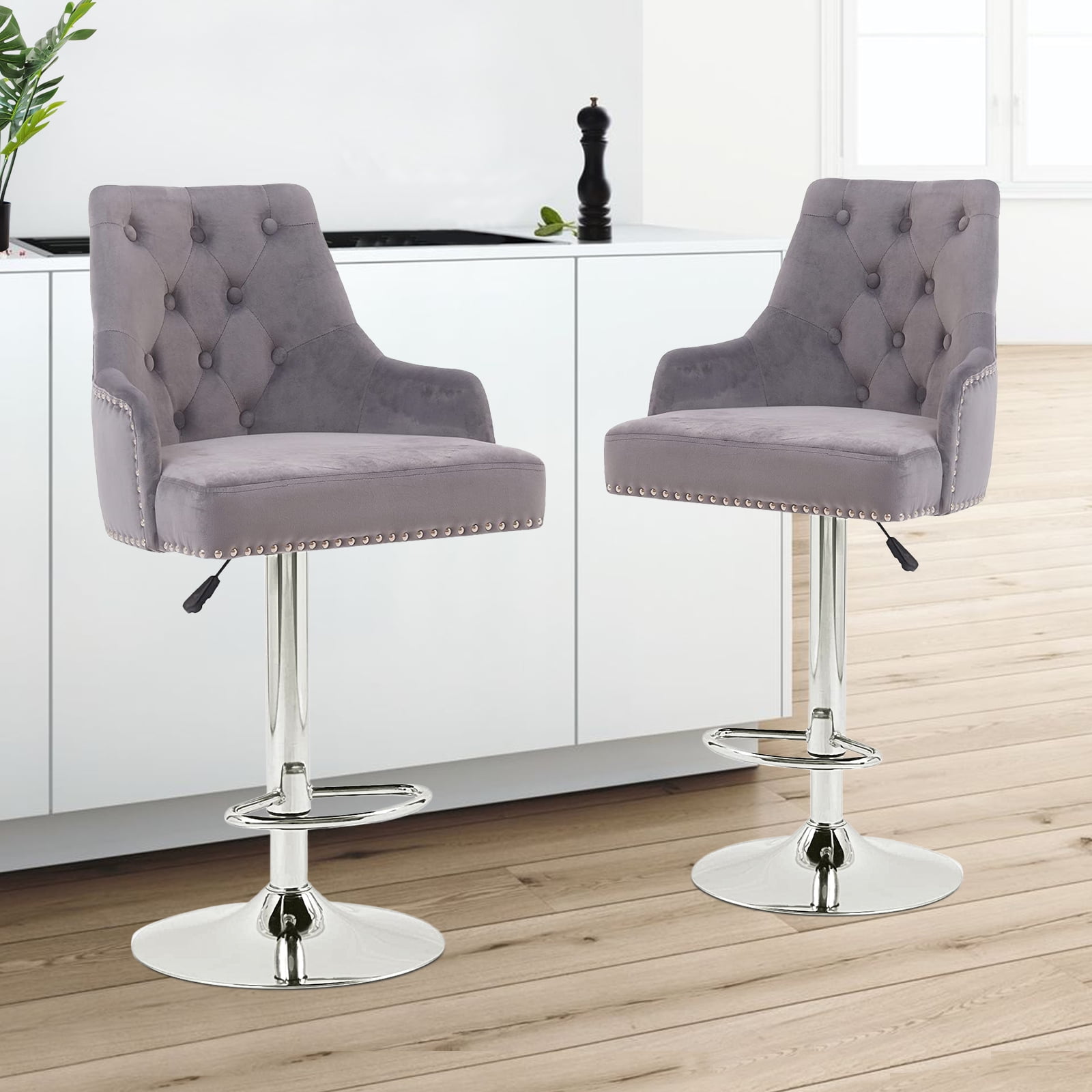 KERDOM Velvet Bar Stools Chairs Adjustable Height Swivel Bar Stool with