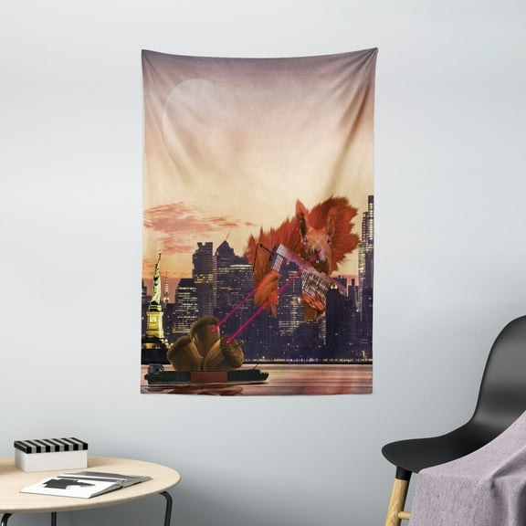 Animal Decor Tapestry, Big Squirrel Cartoon in New York City Landscape Lasering Big Nuts Artwork , Wall Hanging for Bedroom Living Room Dorm Decor, 40W X 60L Inches, Multicolor, by Ambesonne
