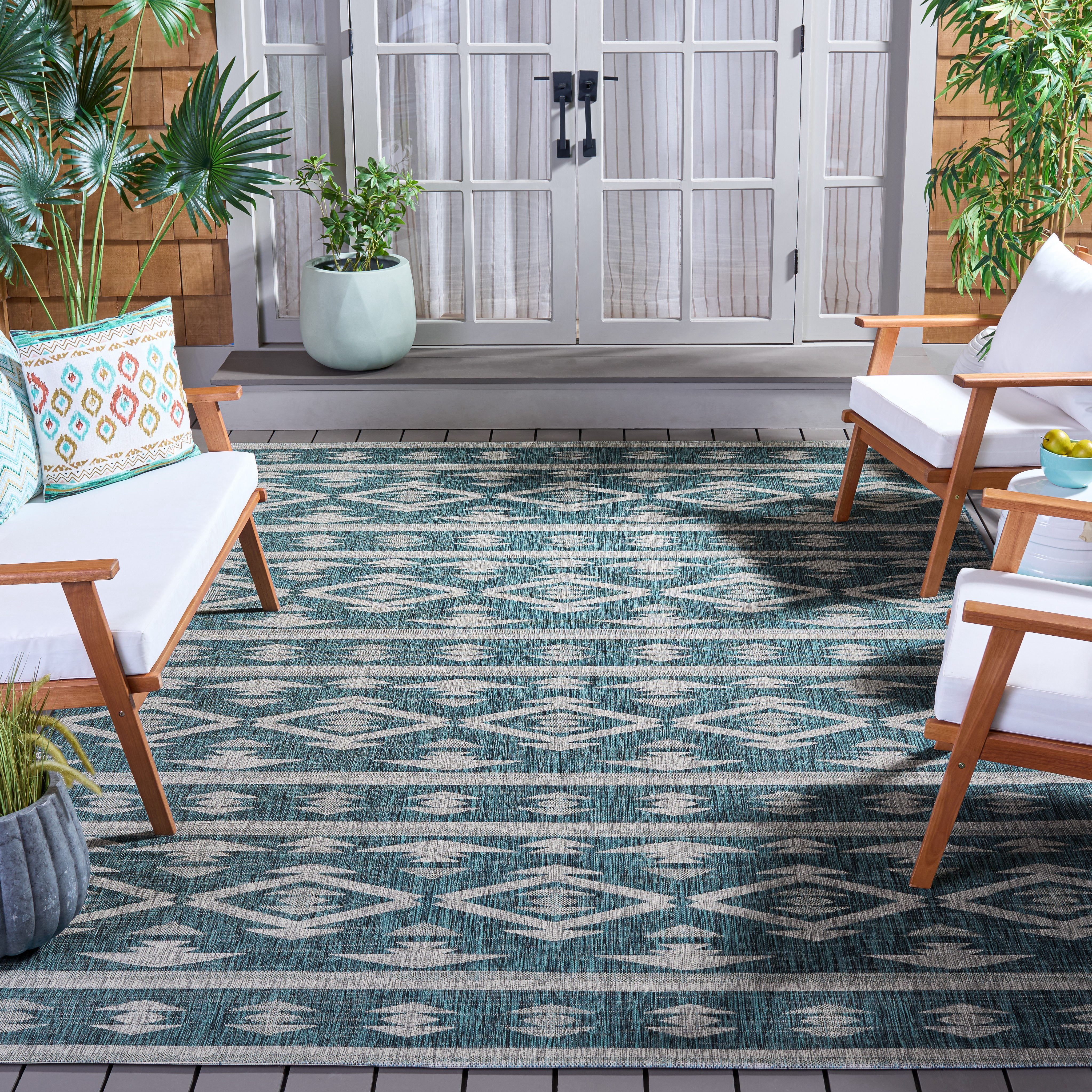 SAFAVIEH Courtyard April Southwestern Indoor/Outdoor Area Rug, 6'7" x 6'7" Square, Teal/Grey