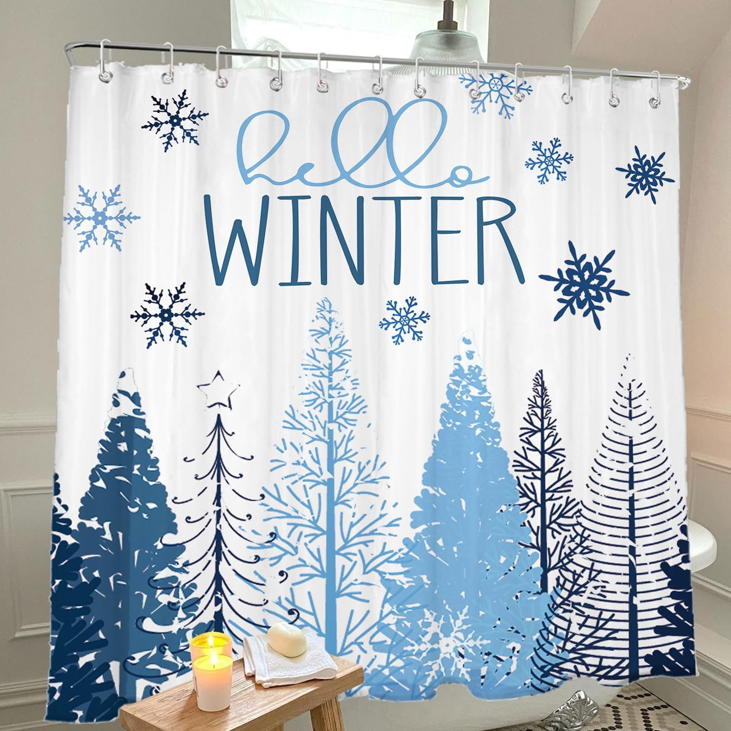 Winter Shower Curtain, 72"X72" Christmas Tree Shower Curtain, Blue Christmas Snowflake Shower Curtain with Hooks, Christmas Bathroom Decor, Waterproof Washable Polyester Holiday Xmas Bathroom Set