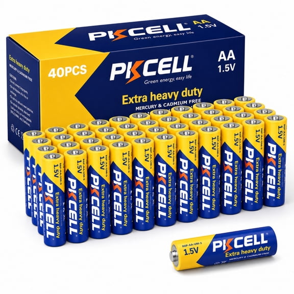 PKCELL Carbon Zinc AA Batteries (40 Pack), 1.5V Extra Heavy Duty Double A Batteries for Remote Control and Clocks