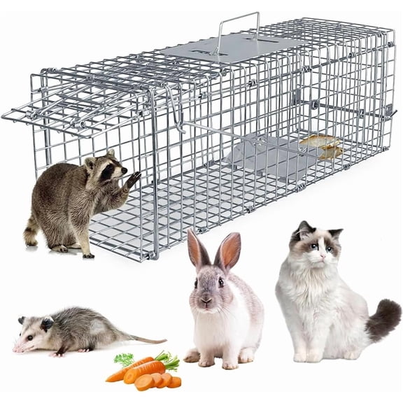 umane Animal Rescue Cage 25.6 x 10.2 x 9.4 in, Galvanized Steel Folding Live Catch Cage with Pedal Door for Squirrels, Rabbits, Groundhogs, Gophers, Chipmunks and Small Stray Cats