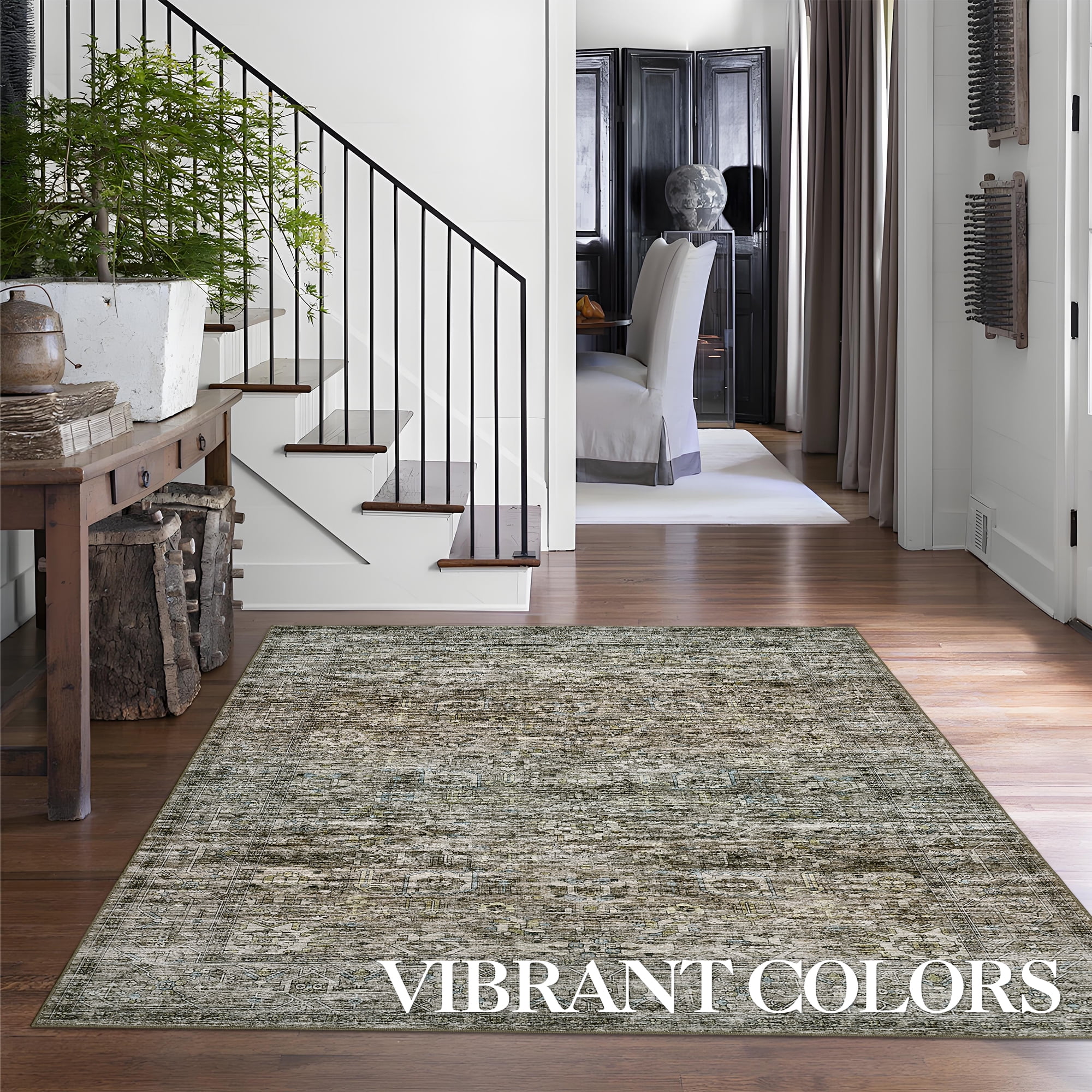 FairOnly 5'x7'Green Machine Washable Area Rugs for Living Room Vintage Stain-Resistant Rugs for Kitchen Dining Room Ultra-Thin Rugs