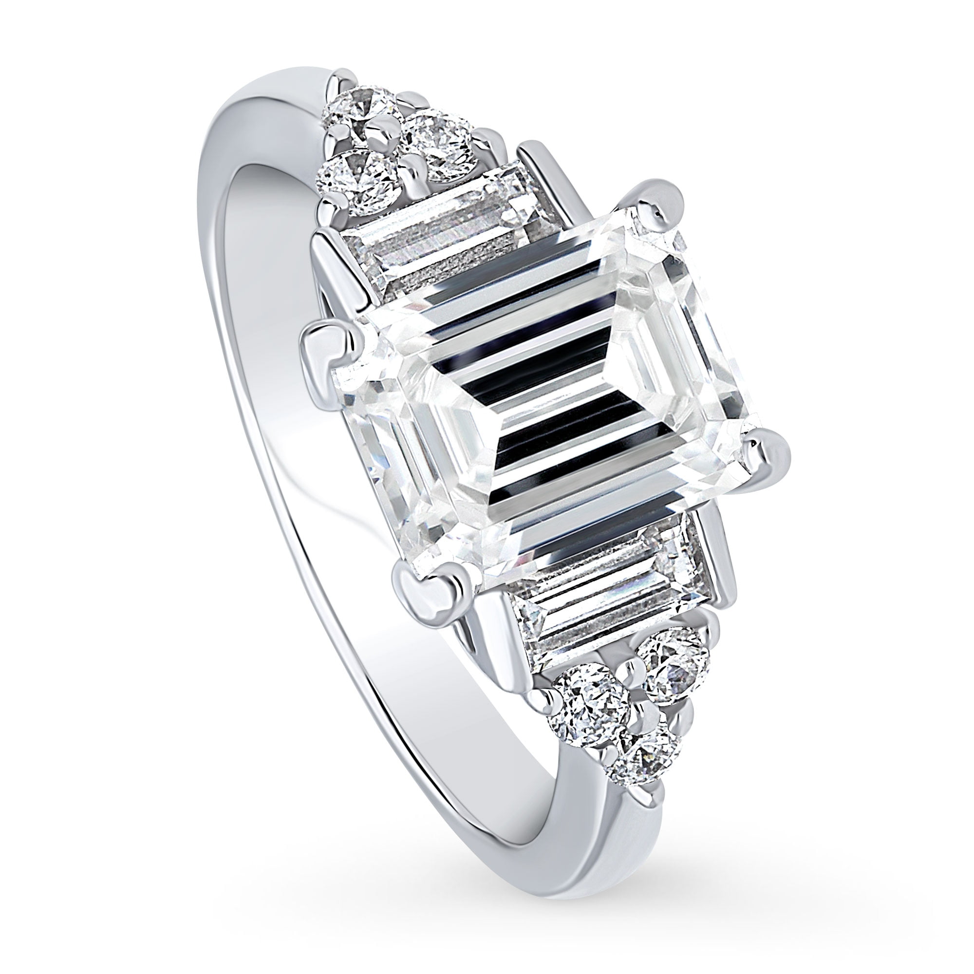 RHODIUM PLATED 925 HALLMARKED STERLING SILVER EMERALD CUT HALO ENGAGEMENT RING 
