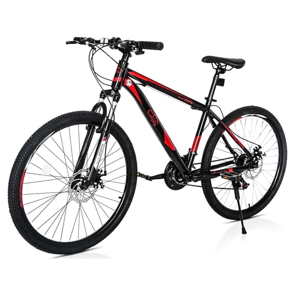 26-Inch Mountain Bike for Adults, 21-Speed Trail Bicycle with Dual Disc Brakes, Front Suspension, High-Carbon Steel Frame – Red & Black | HUJHKIO Explorer Series