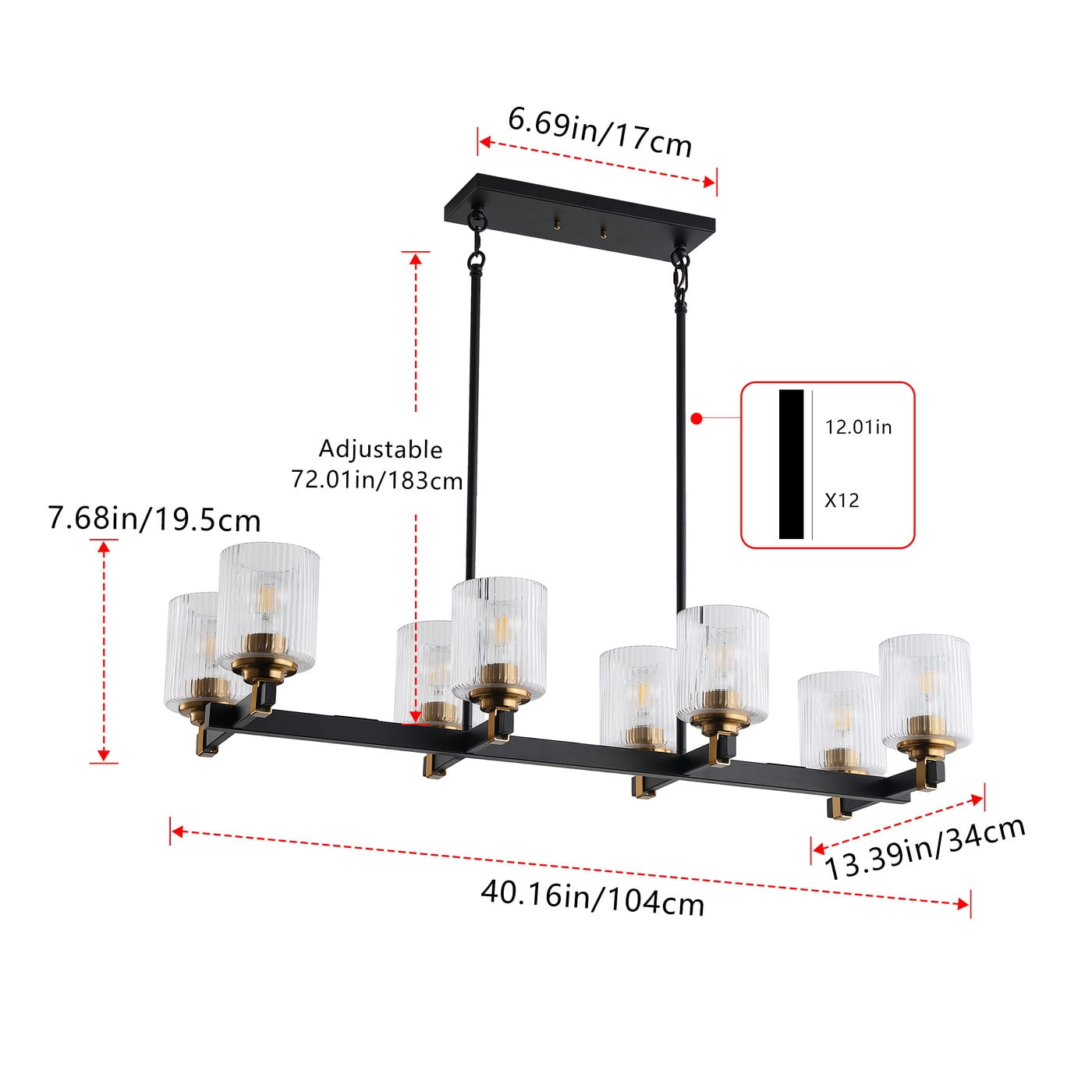 Aiwen 40 In Linear Chandelier Over Kitchen Island, Rustic Industrial 8-Light Pendant Light Fixture