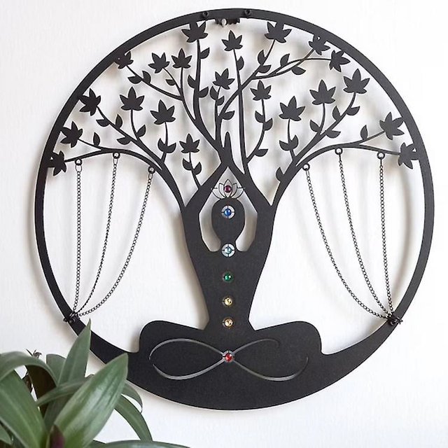 Arte de pared de meditación Árbol de la vida de metal Yoga Piedras de los 7 chakras Símbolo de meditación de yoga de cristal crudo Fondo energético Colgante de entrada