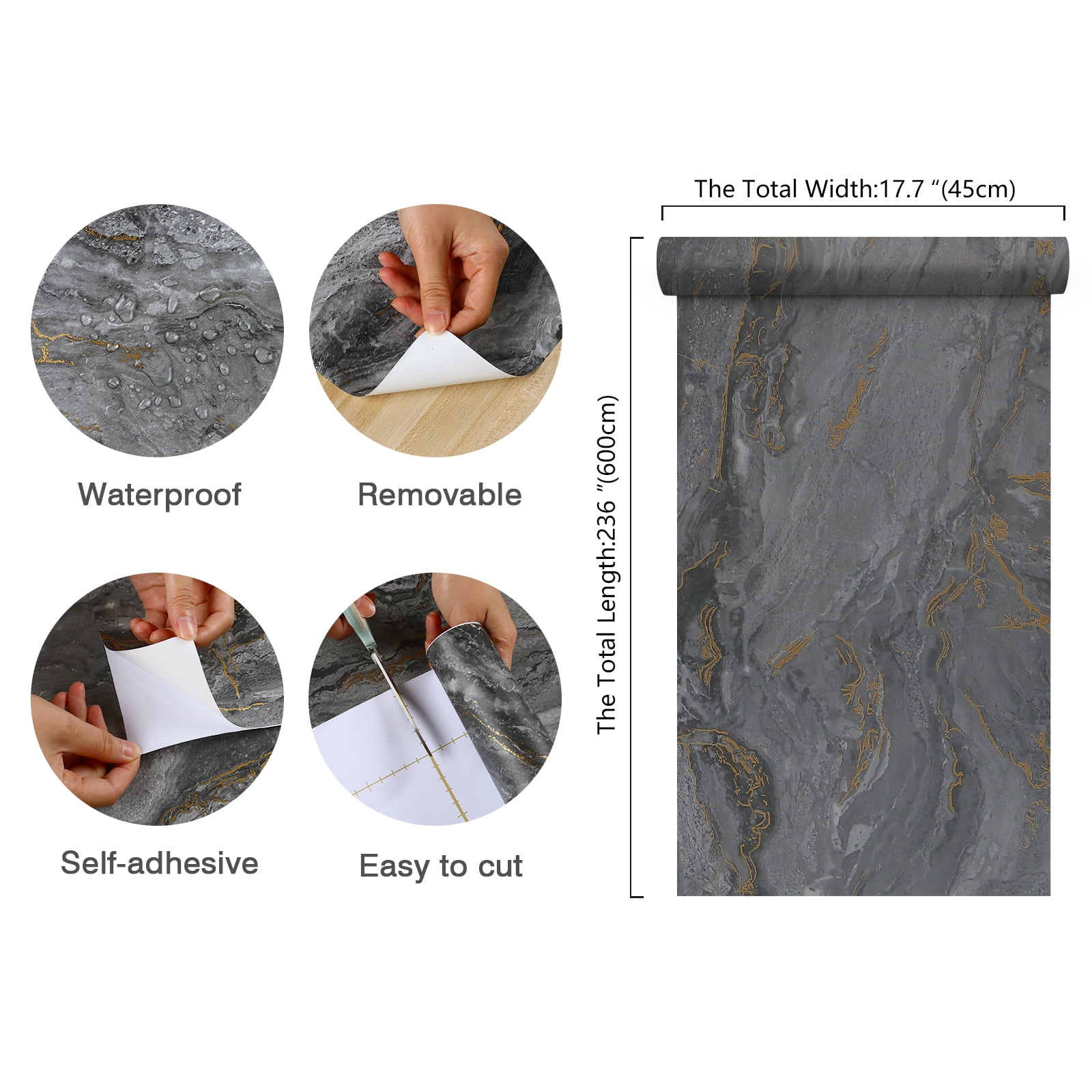 CHIHUT 17.7"x236" Marble Counter Top Peel and Stick Waterproof Dark Grey Matte Marble Contact Paper for Countertops Desk Self Adhesive Marble Wallpaper Vinyl Marble Sticker Countertop for Kitchen