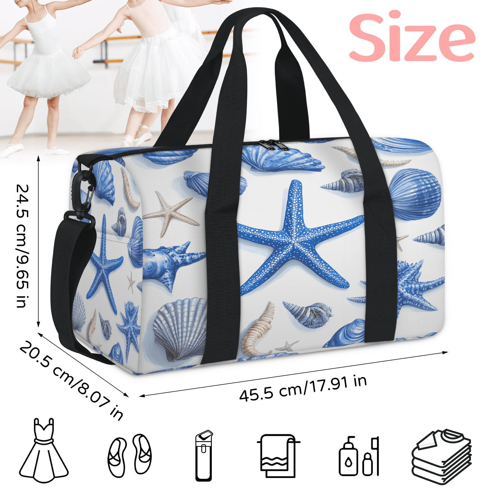 Herdesigns Seashell Starfish Travel Duffle Bag Sports Yoga Weekender Overnight Carry on Workout Bags Lightweight Waterproof Gym Tote Bag for Women Ocean Beach