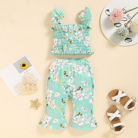 

NECHOLOGY Sporty Clothes for Teen Girls Summer Toddler Girls Sleeveless Floral Prints Vest Tops Pants Outfits Baby Girls Outfit Childrenscostume Green 6-12 Months