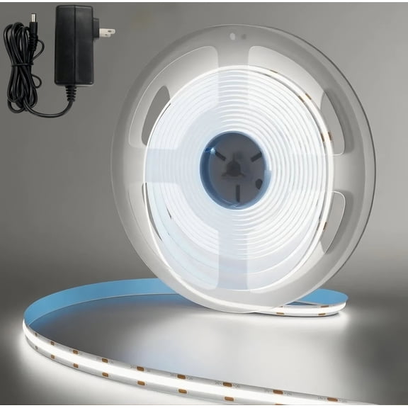 12V COB LED Strip Light 8mm PCB width,6000K 16.4ft(5M) Flexible 3M Adhesive Tape, CRI>90 320 LEDs/M 7W/M Dotless High Density for Cabinet/Stairs/Shop DIY( Power Adaptor Included)