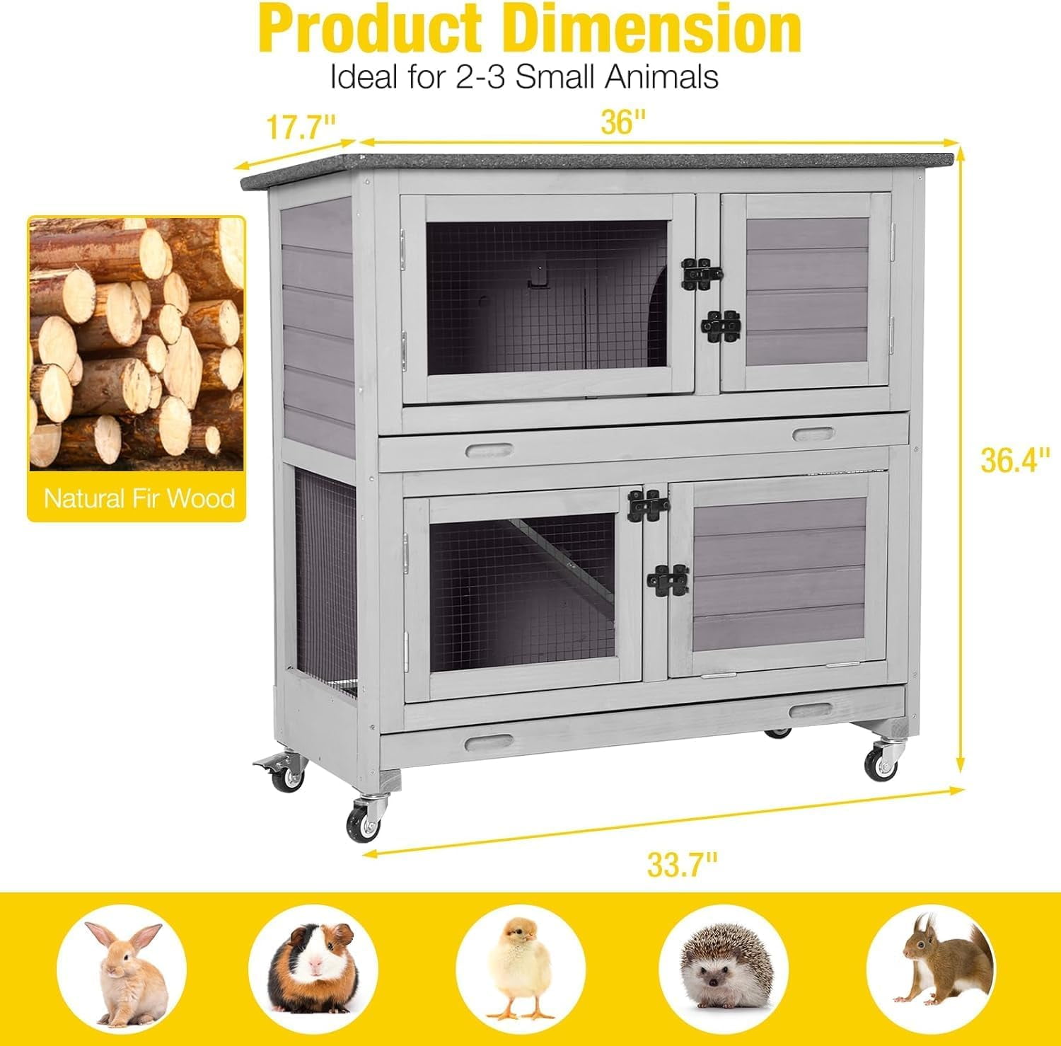 Aivituvin Rabbit Hutch Indoor Bunny Cage Outdoor 2 Story Pet House Guinea Pig Cage on Wheels 36" L