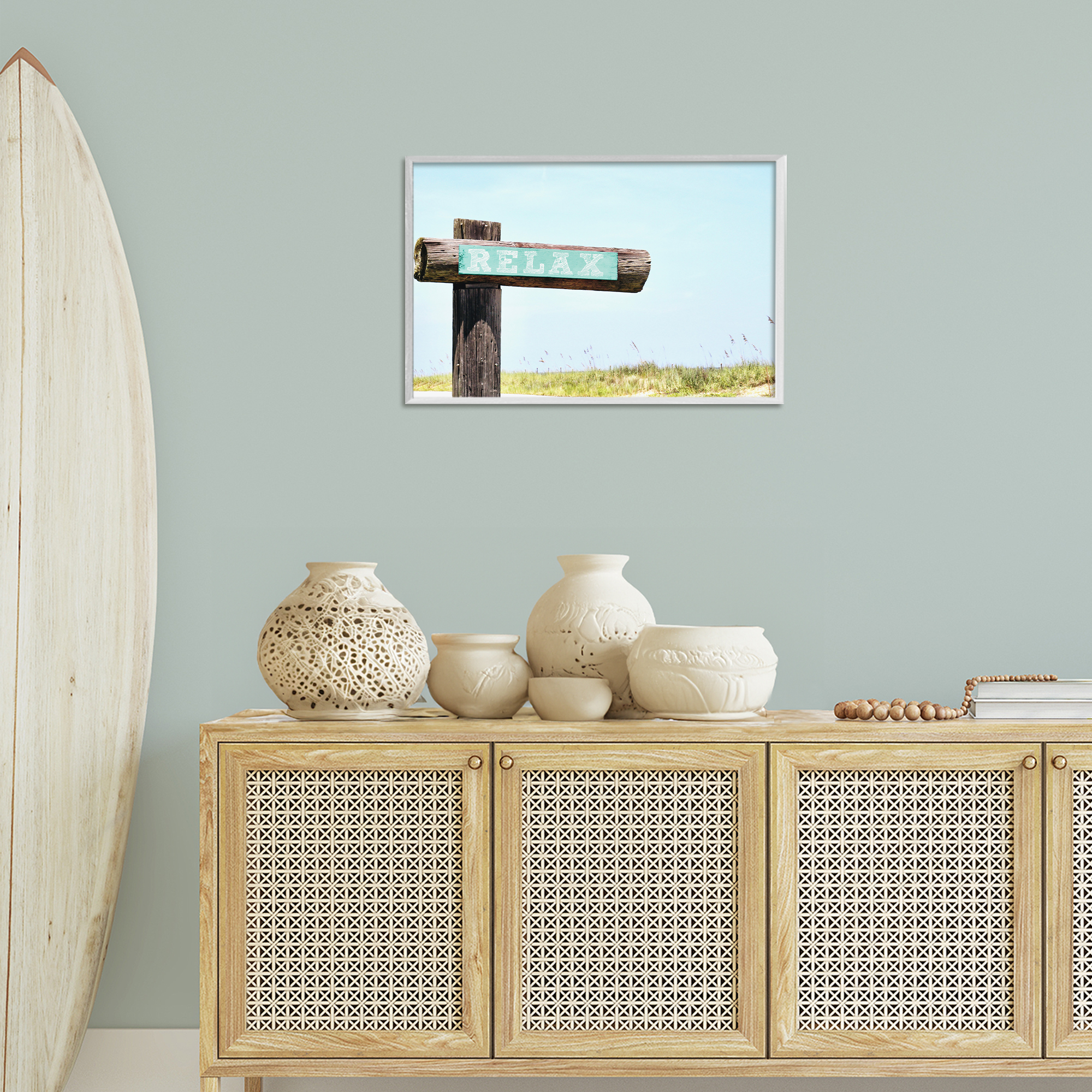 Stupell Industries Relax Sign on Beach Landscape Photography White Framed Art Print Wall Art, 24 x 16