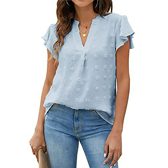 ZOELNIC Women's Summer V Neck Ruffle Short Sleeve Blouse Business Office Casual Top Shirts,S