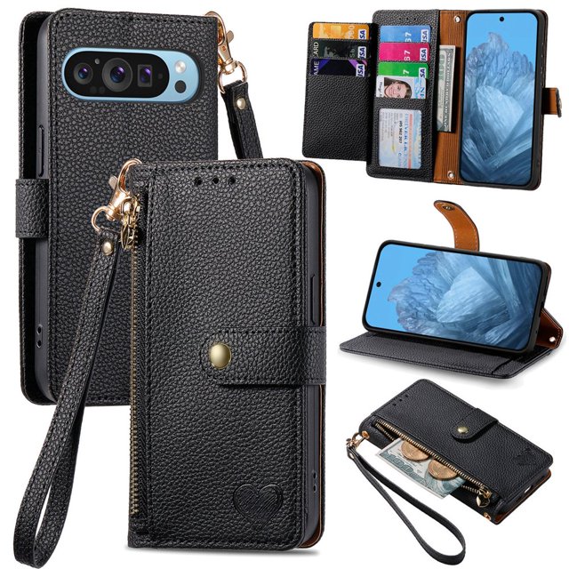 HLONK Wallet Case Compatible for Pixel 9 / 9 Pro Fold Case with Card Slots Strap & Kickstand Leather with Zipper Shockproof Slim Cover Phone Case for Pixel 9 / 9 Pro Fold Wallet Case Gr