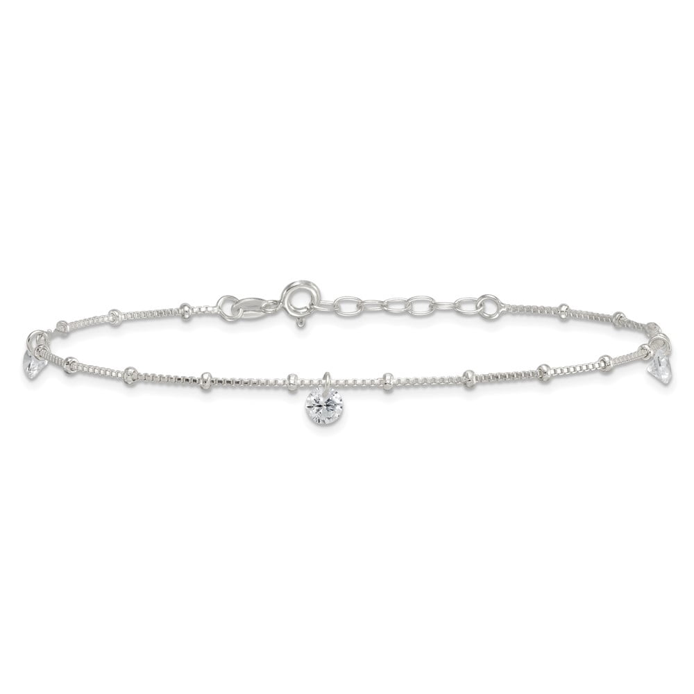 Sterling Silver Polished Beaded with White CZ Dangles 9 inch with 1 inch Extension Anklet