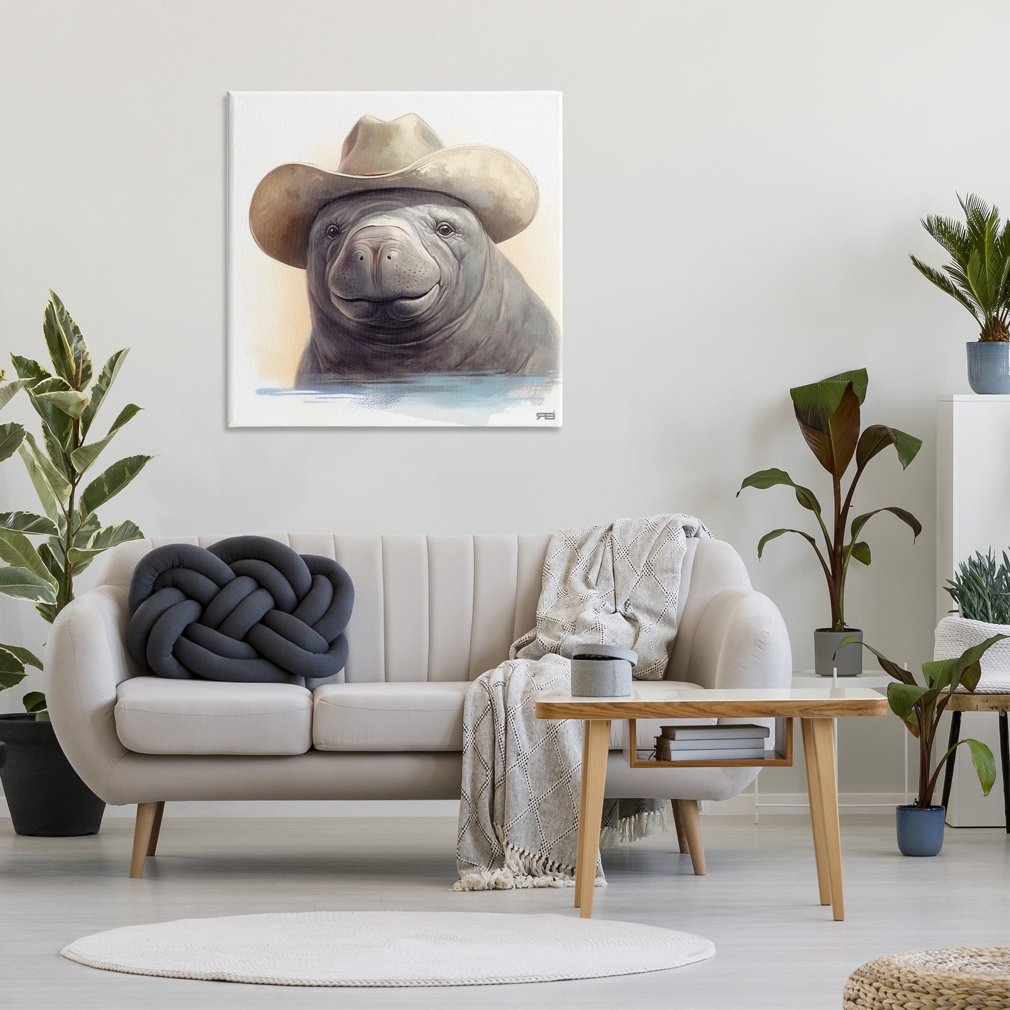 Stupell Industries Manatee with Southern Hat Animals & Insects Painting Gallery Wrapped Canvas Art Print Wall Art, 36 x 36