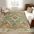 thumbnail image 3 of KoshiMe Washable Area Rug 5'x7', Non-Slip Soft Vintage Distress Floral Rugs for Living Room, Stain Resistant Low Pile Medallion Carpet for Dining Room Office, Brick Red Green, 3 of 12