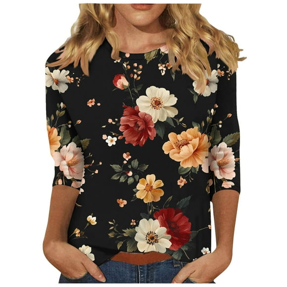 ZVAVZ Womens Tops Dressy,Women Boho Floral Printed Tees Shirts 3/4 Sleeve Crew Neck T Shirts Loose Tunic Shirts for Women Clearance Sales Today Multicolor L