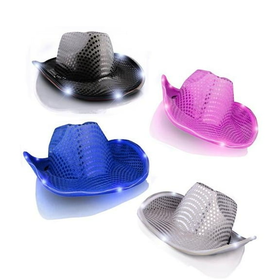 Light Up Flashing Sequin Cowboy Hat, Blue, Silver, Pink & Black - Pack of 12