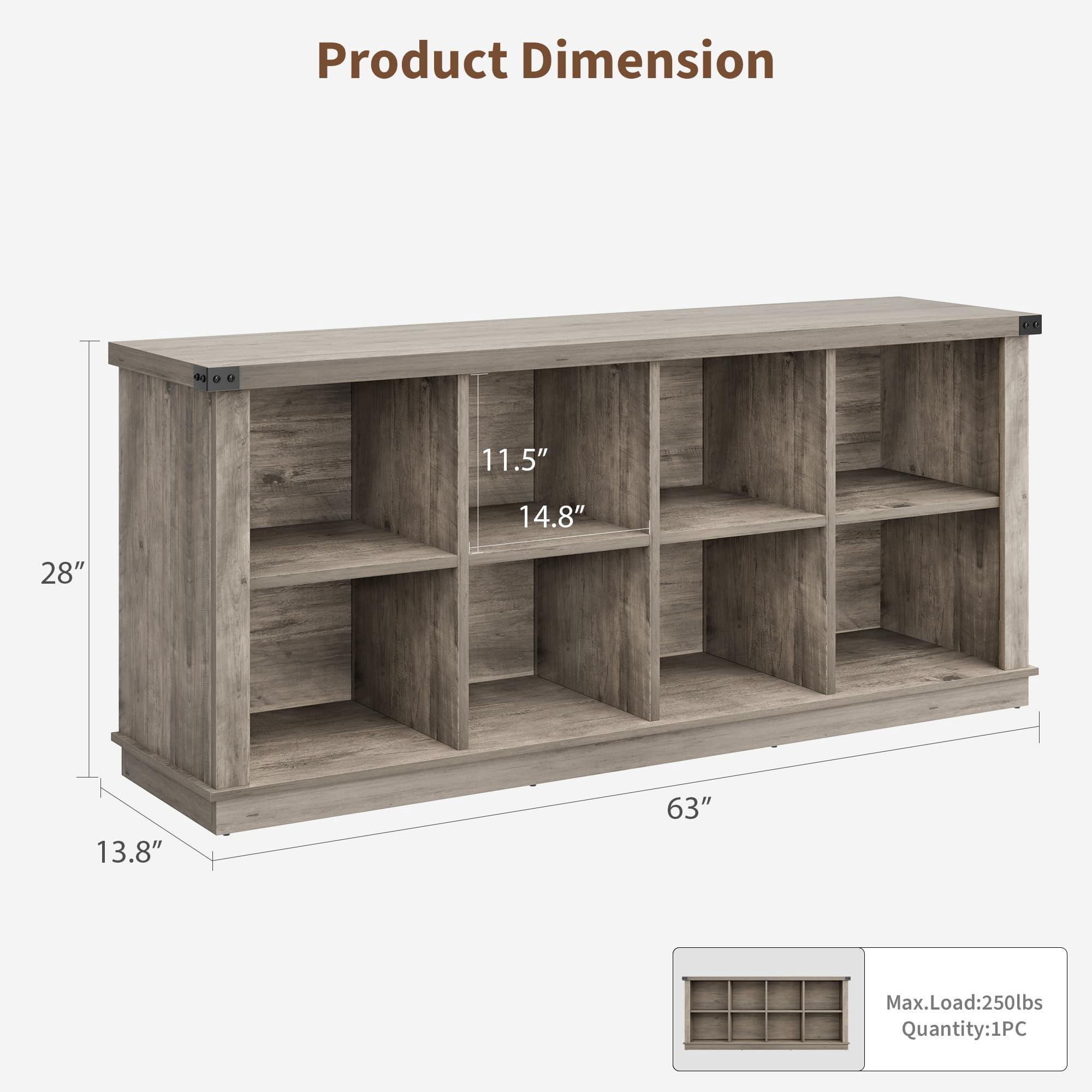 Ataucjin 8 Cube Storage Organizer Bookshelf,3 Tier Farmhouse Horizontal Bookcase,62 Inch Wood Storage Bookcase for Entryway, Long Low Bookshelves for Living Room