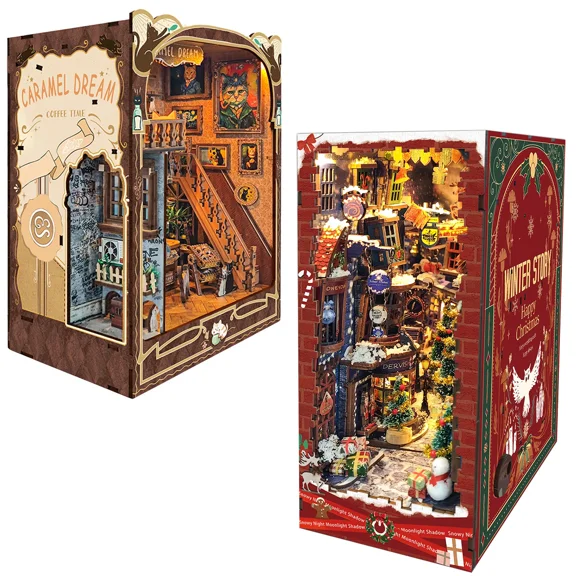Strucwood 2-Piece DIY Book Nook Kit Set: 3D Wooden Puzzles with LED & Dust Cover, Home Decor for Handicraft enthusiasts(SQ-0317)