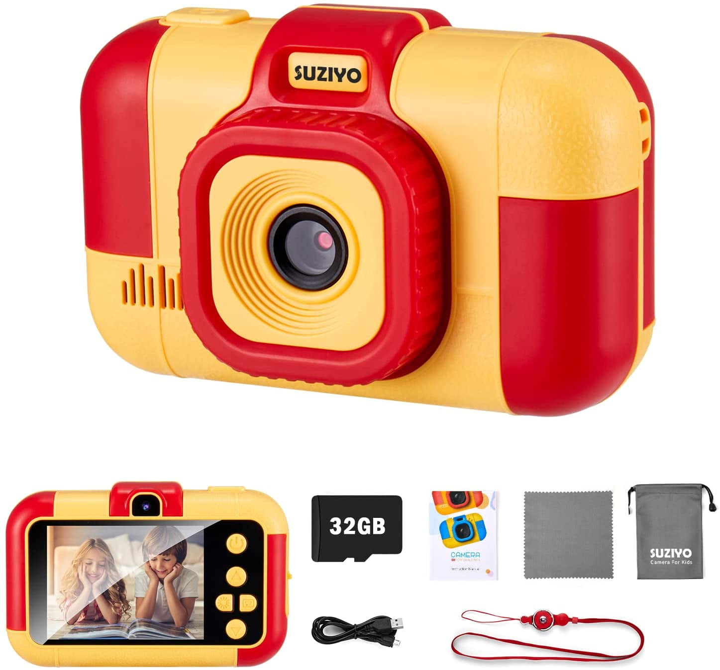 with 32G Micro SD Card, Red SUZIYO Kids Digital Camera Best Christmas Electronic Gifts Toys for Age 3-10 Years Old Boys & Girls Toddlers Children Selfie Video Camcorder 1080P Dual Lens 2.4 Inch HD 
