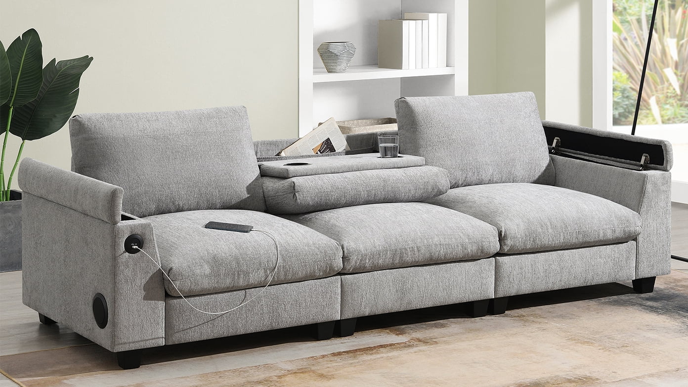 MAYEERTY 96x35" Chenille Sectional Sofa - Bluetooth Speaker, Drop Down Table/Cup Holders/USB/Storage Armrest, Wide Seat for Living Room/Apartment/Office, 3 Colors