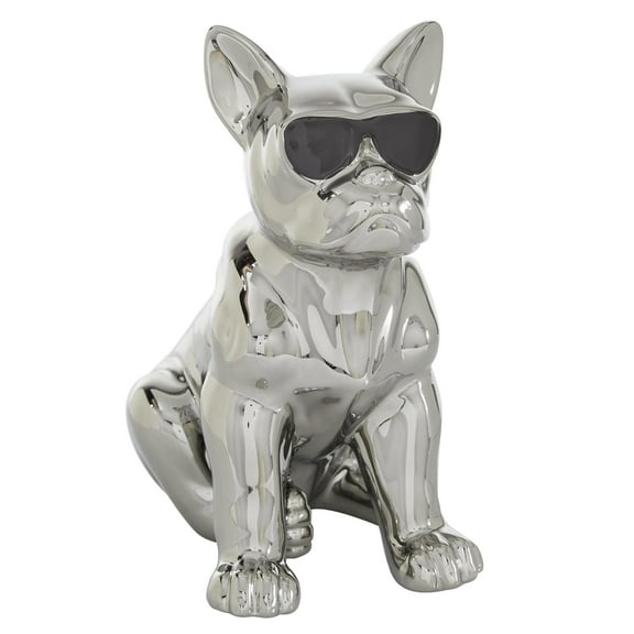 6" x 12" Silver Ceramic Bulldog Sculpture with Sunglasses, by CosmoLiving by Cosmopolitan